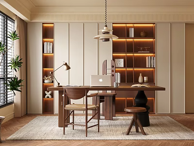 Modern Study Room With Wooden Desk Bookshelves Comfortable Chair Pendant Lamp And Green Plant 3d model