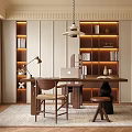 Modern Study Room With Wooden Desk Bookshelves Comfortable Chair Pendant Lamp And Green Plant