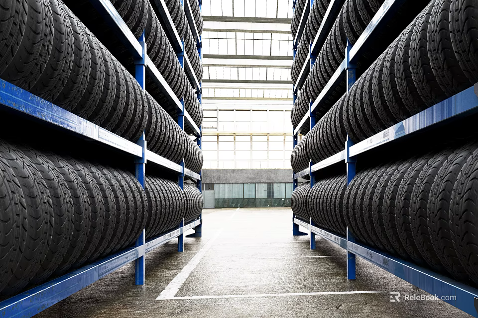 Tires Neatly Stacked on Blue Shelves in Bright Warehouse Storage Facility 3d model 