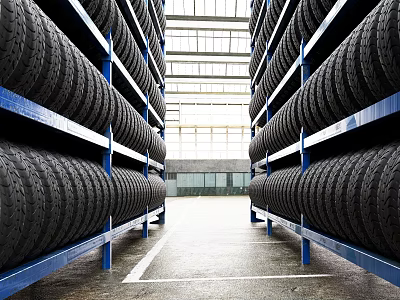 Tires Neatly Stacked on Blue Shelves in Bright Warehouse Storage Facility 3d model