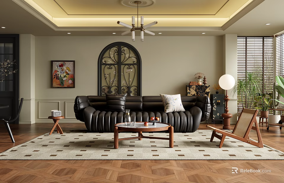 Living Room Interior Design With Black Leather Sofa Coffee Table Arched Iron Door And Chandelier 3d model 