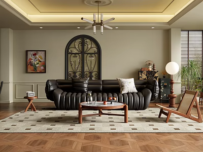 Living Room Interior Design With Black Leather Sofa Coffee Table Arched Iron Door And Chandelier 3d model