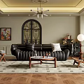 Living Room Interior Design With Black Leather Sofa Coffee Table Arched Iron Door And Chandelier