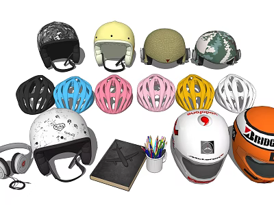 Collection of Various Helmets and Accessories Including Notebook Colored Pencils and Headphones 3d model
