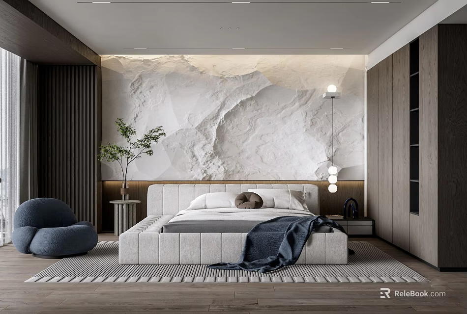 Modern Bedroom Interior Design With White Bed Frame Marble Accent Wall And Blue Pouf Chair 3d model 