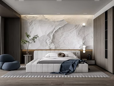 Modern Bedroom Interior Design With White Bed Frame Marble Accent Wall And Blue Pouf Chair 3d model