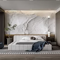 Modern Bedroom Interior Design With White Bed Frame Marble Accent Wall And Blue Pouf Chair