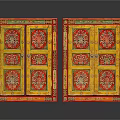 Traditional Furniture Two Red Framed Yellow Panel Cabinets With Intricate Decorative Patterns