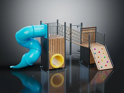 Playground Equipment With Blue Spiral Slide Wooden Structure Rope Ladder Yellow Tunnel And Climbing Wall 3d model