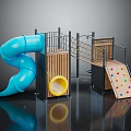 Playground Equipment With Blue Spiral Slide Wooden Structure Rope Ladder Yellow Tunnel And Climbing Wall