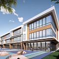 Modern Multi storey School Building With Large Glass Windows And Front Playground Green Lawn