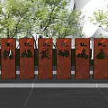 Outdoor Landscape Sculptures Rusty Red Steel Cutout Nature Patterns With Green Trees Grass And Water
