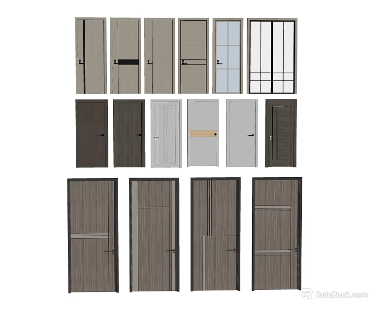 Various Hinged Doors With Modern Wooden Glass Panel And Different Color Styles 3d model 
