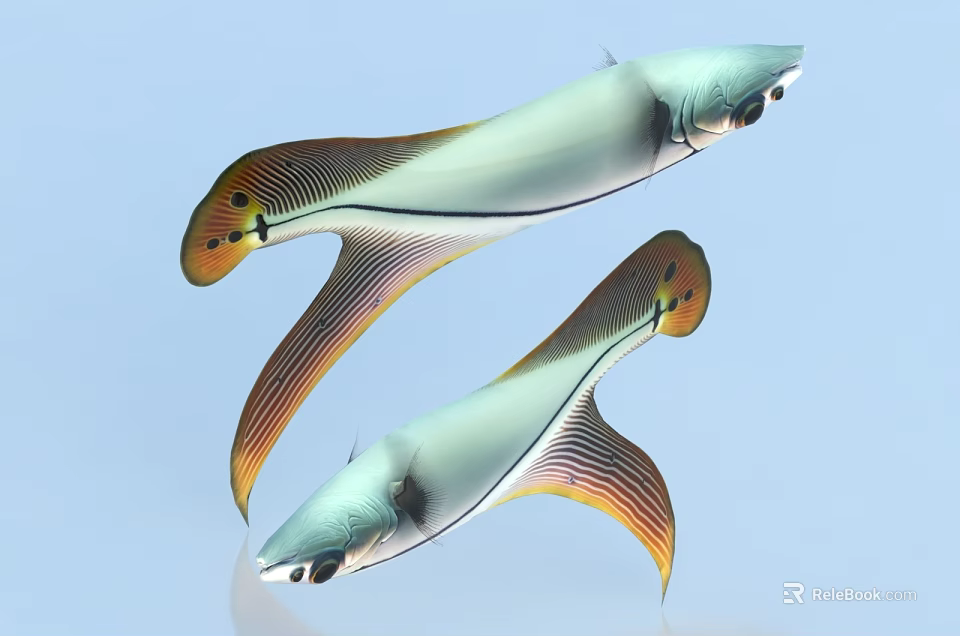 Turquoise Fish With Yellow And Orange Striped Tails Swimming In Light Blue Background 3d model 
