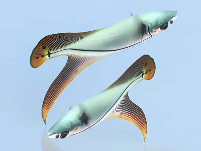 Turquoise Fish With Yellow And Orange Striped Tails Swimming In Light Blue Background 3d model