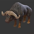 Detailed Gray Brown Buffalo Sculpture With Large Horns Standing On Black Background