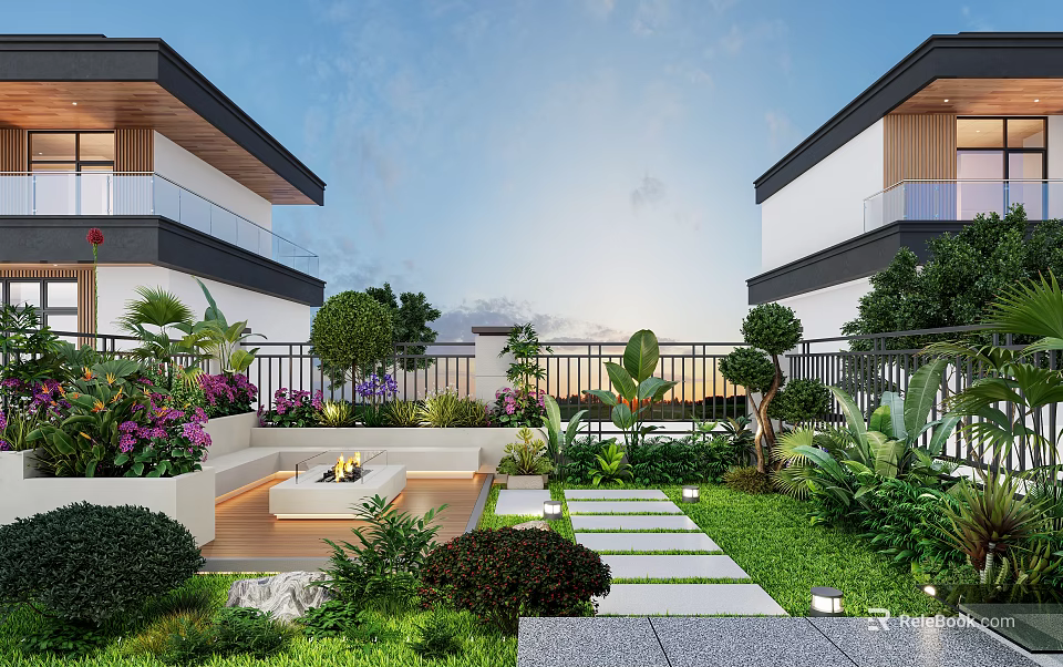 Modern Garden Design With Stone Pathway Fire Pit Lush Plants And Flowers 3d model 