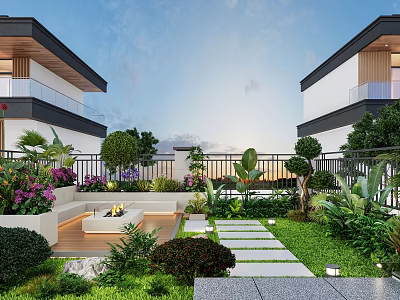 Modern Garden Design With Stone Pathway Fire Pit Lush Plants And Flowers 3d model