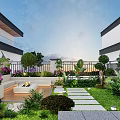 Modern Garden Design With Stone Pathway Fire Pit Lush Plants And Flowers