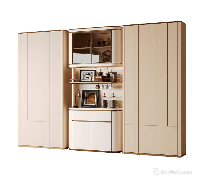 Modern Light Wood Sideboard With Open Shelves Storage Drawers And Decorative Items 3d model 