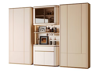 Modern Light Wood Sideboard With Open Shelves Storage Drawers And Decorative Items 3d model