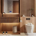 Modern Minimalist Bathroom Interior With Wooden Vanity Mirror Toilet Shower Niche And Natural Light