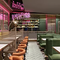 Stylish Restaurant With Green Booths Black White Geometric Tiles Bar Pink Neon And Wall Art