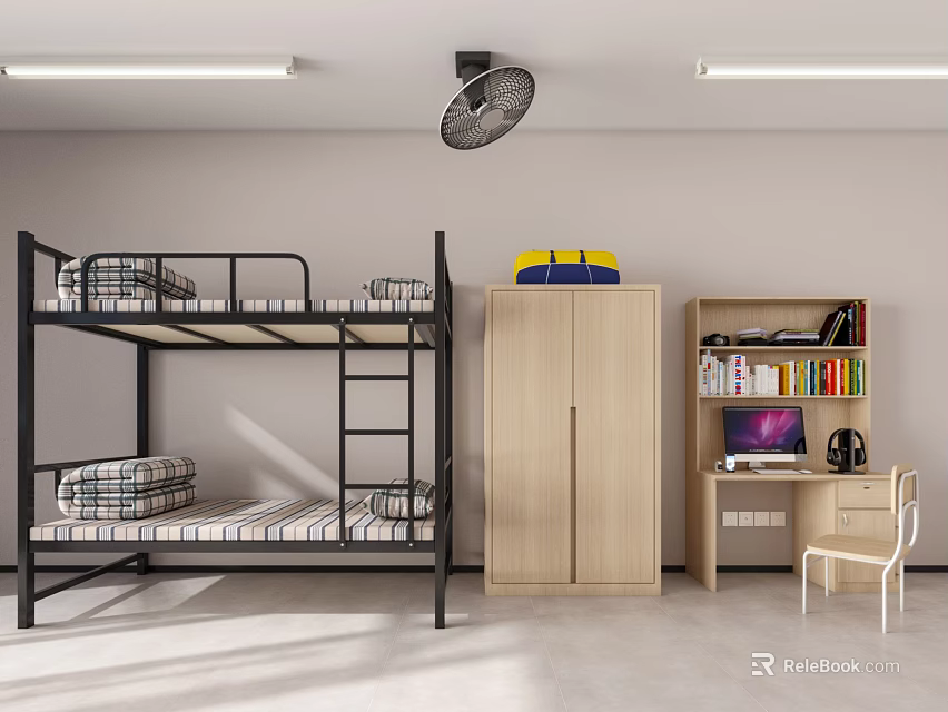 Cozy Dorm Room Interior With Bunk Bed Wardrobe Desk Bookshelf Fan And Light Tube 3d model 