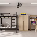 Cozy Dorm Room Interior With Bunk Bed Wardrobe Desk Bookshelf Fan And Light Tube
