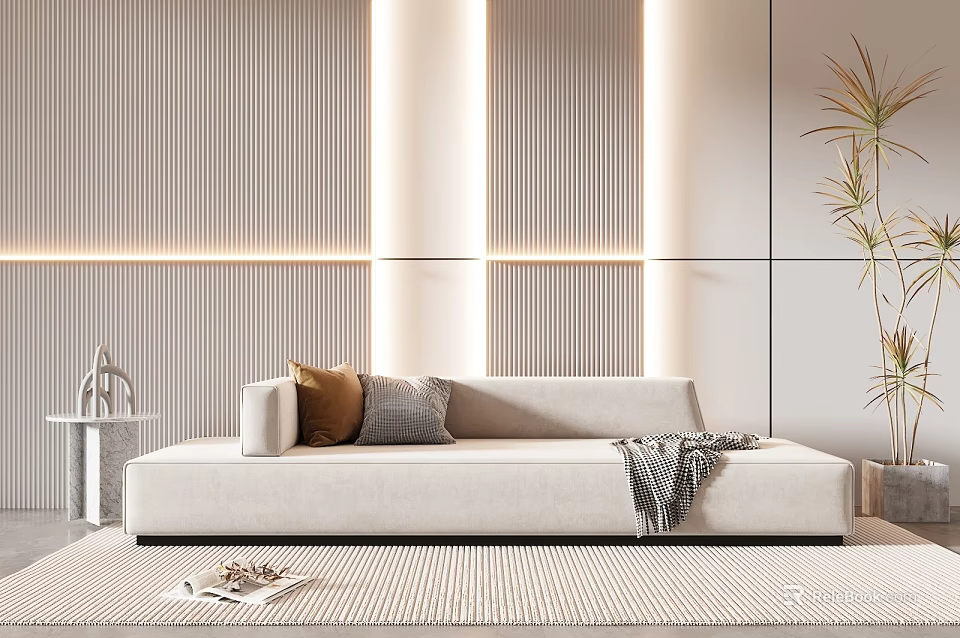 Modern Beige Sectional Sofa With Throw Pillows Blanket And Striped Living Room Rug 3d model 