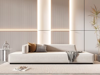 Modern Beige Sectional Sofa With Throw Pillows Blanket And Striped Living Room Rug 3d model