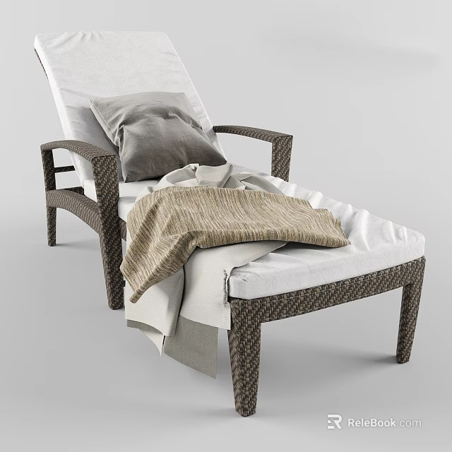 Wicker Lounge Chair With White Cushion Gray Pillow And Brown Blanket 3d model 