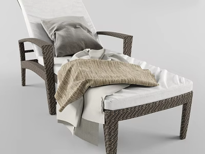 Wicker Lounge Chair With White Cushion Gray Pillow And Brown Blanket 3d model
