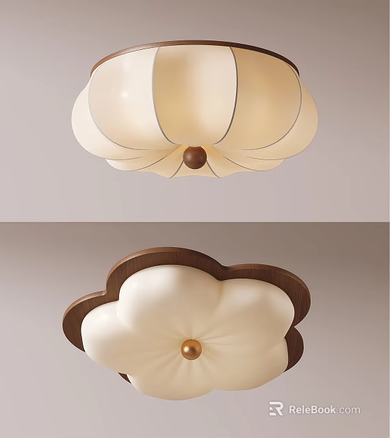 Elegant Ceiling Light With Floral Petal Shade Wooden Frame And Golden Center 3d model 