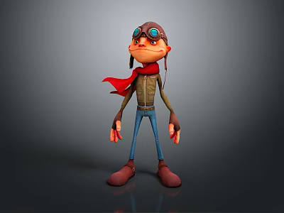 Cartoon Pilot Character With Brown Flight Cap Goggles Red Scarf Blue Pants And Brown Shoes 3d model