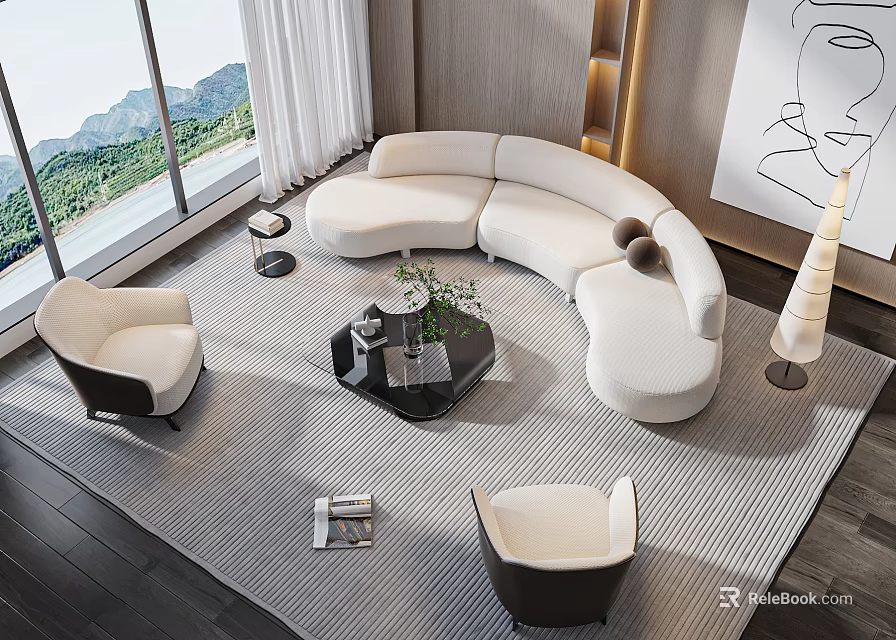Modern Curved White Sofa and Black Coffee Table Set with Armchairs and Mountain View 3d model 