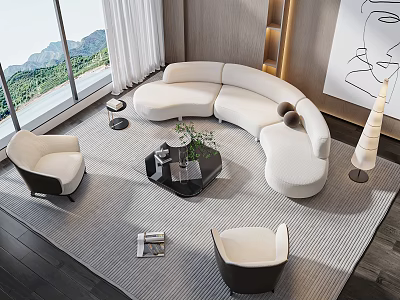 Modern Curved White Sofa and Black Coffee Table Set with Armchairs and Mountain View 3d model