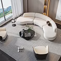 Modern Curved White Sofa and Black Coffee Table Set with Armchairs and Mountain View