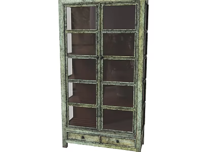 Vintage Green Storage Cabinet with Glass Doors Multiple Shelves and Bottom Drawers 3d model