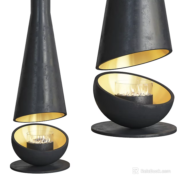 Modern Black Fireplace Design With Gold Accents And Glass Insert 3d model 