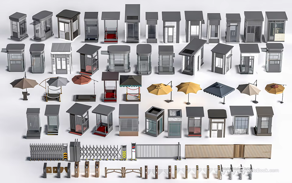Various Outdoor Booths Shelters Umbrellas And Railings With Different Designs 3d model 