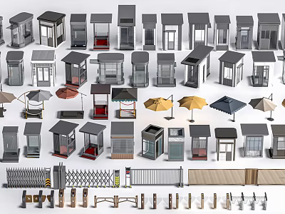 Various Outdoor Booths Shelters Umbrellas And Railings With Different Designs 3d model