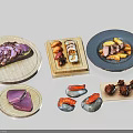 Delicious Assorted Fresh Food With Sushi Grilled Meat Sashimi Open Sandwich On Wooden Plates
