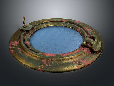 Circular Metal Porthole Featuring Blue Glass Rustic Red Accents Hinge And Latch 3d model