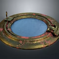 Circular Metal Porthole Featuring Blue Glass Rustic Red Accents Hinge And Latch