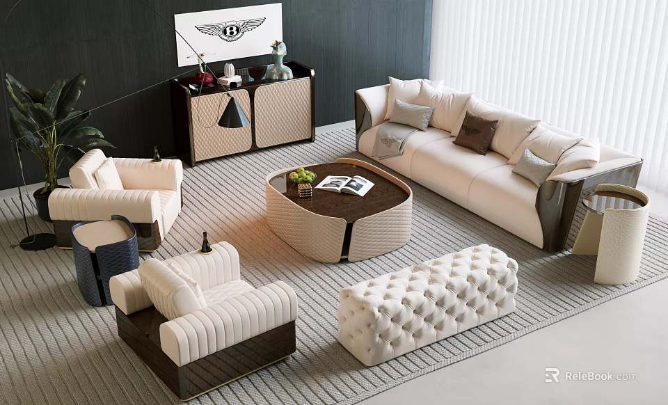Modern Luxury Sofa Coffee Table Set With Tufted Ottoman And Armchairs 3d model 
