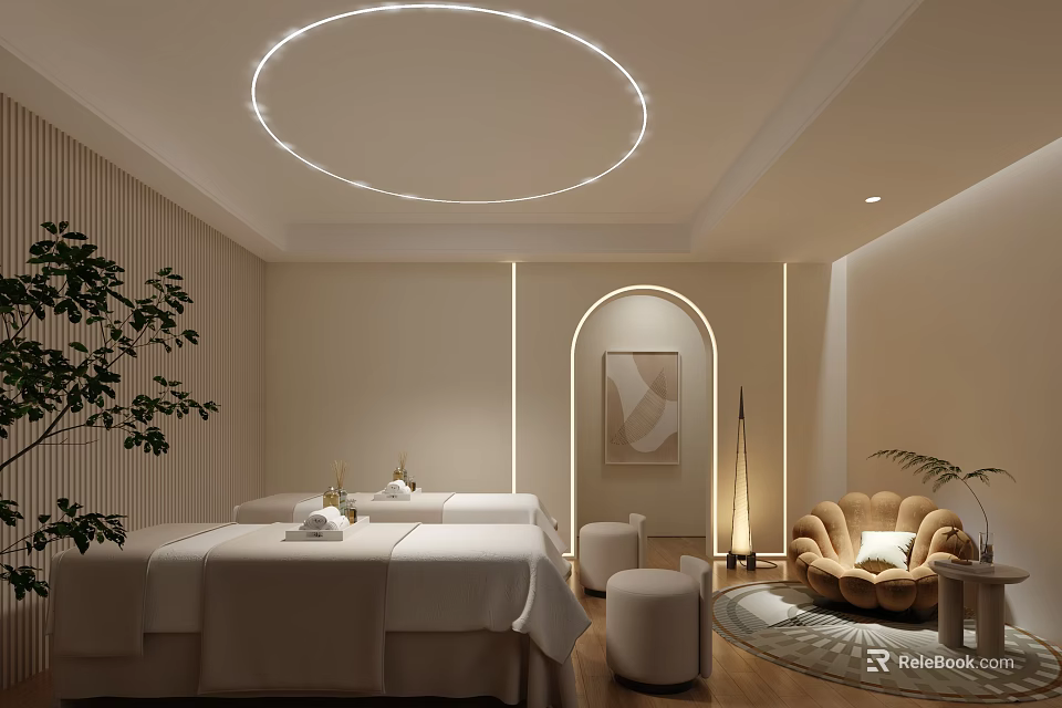 Serene SPA Sauna Interior with Massage Beds White Sheets Circular Light and Arched Doorway 3d model 