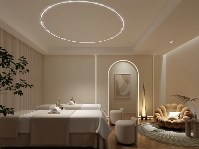 Serene SPA Sauna Interior with Massage Beds White Sheets Circular Light and Arched Doorway 3d model
