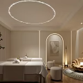Serene SPA Sauna Interior with Massage Beds White Sheets Circular Light and Arched Doorway