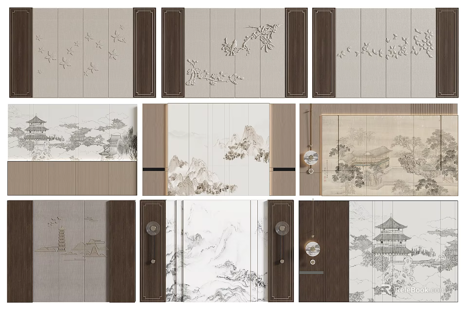 Chinese Style Sofa Background Wall With Landscape Patterns And Wooden Frames 3d model